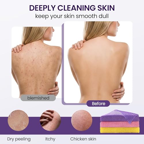 African Bath Sponge African Net Long Net Bath Sponge Exfoliating Shower Body Scrubber Back Scrubber Skin Smoother,Great for Daily Use (Purple,Yellow,Pink) ，3 Pack - color: Purple,yellow,pink