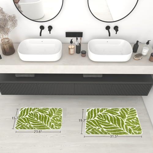 Green Leaf Bathroom Rugs - Bathroom Decor Cute Bath Mat for Sink, Tub, Small Rug, Green Bath Mats Washable Non Slip Funny Water Absorbent Bath Rugs Leaves 16" x 24" - color: Grass Green, size: 1'4" x 2' (Rectangular)