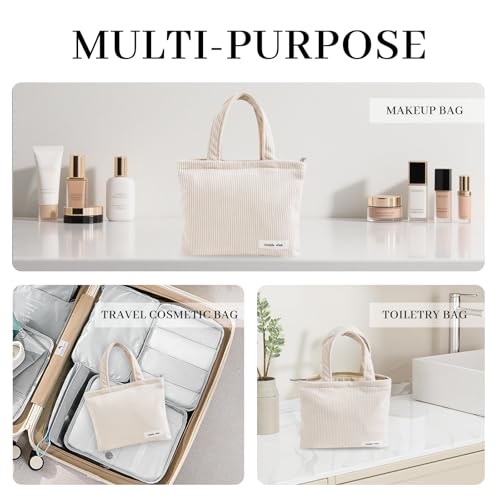 Wudygirl Makeup Bag Travel Cosmetic Bag for Women Small Makeup Pouch with Handle Zipper Cosmetic Pouch Handbag Aesthetic 8.3" x 6.7"(Beige) - color: Beige