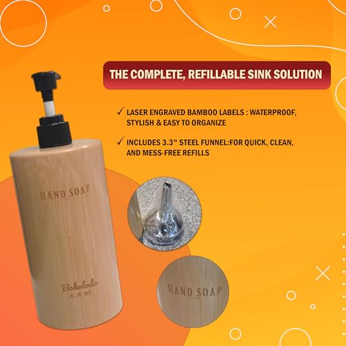 Natural Wood Soap Dispenser 6.9oz with Laser Engraved Bamboo Labels & 3.3" Steel Funnel | Hand Soap Dispenser for Kitchen & Bathroom Sink | Farmhouse & Boho Kitchen Decor, Spa Accessories (Hand Soap) - color: Hand Soap