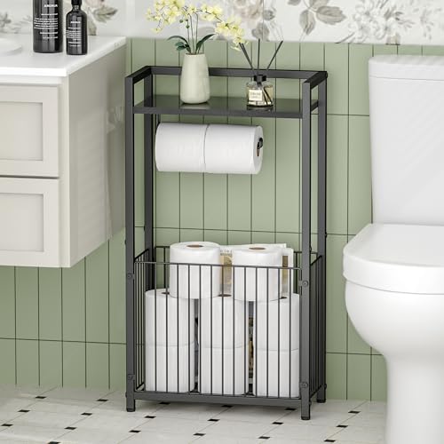 Freestanding Toilet Paper Holder with Storage Shelf - Larger Size Bathroom Tissue Stand with Space for Multiple Rolls, Phone, Wipes, and Magazines – All-in-One Toilet Roll Dispenser and Organizer