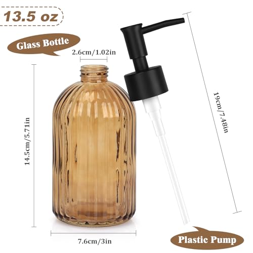 1 Pack 13.5oz Glass Soap Dispenser with Plastic Pump, Vertical Stripe Design Refillable Hand Soap Dispenser for Hand Wash - color: Dark Brown