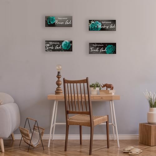 ONIZHITY 4 Pcs Teal Bathroom Decor Religious Wall Art Turquoise Bathroom Bible Verse Inspirational Teal Rose Wall Decor Wooden Christian Sign for Home Office Bedroom Living Room Kitchen(10x4) - color: Teal Rose