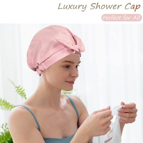 Shower Cap for Women Reusable Waterproof, Large Satin Shower Bonnet, Washable Bath Hat for Long Hair, Braids, Curly Hair, Pink - color: Pink