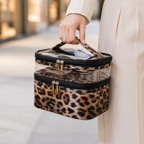 Double-layer Cosmetic Bag Makeup Bag Travel Makeup Bag Makeup Bags for Women Cosmetics Cases Portable Waterproof Foldable (Leopard) - color: 00-Brown