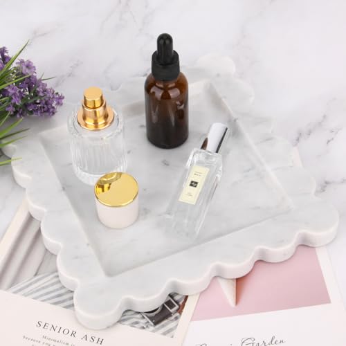 Square Marble Decorative Tray with Scalloped Edge,Luxury Natural Italian Stone Bathroom Vanity Tray, Dresser Top Perfume Coffee Home Sink Tray, Key Trinket Ring (Carrara White, 8 * 8) - color: Carrara White, size: 8" x 8" x 0.8"