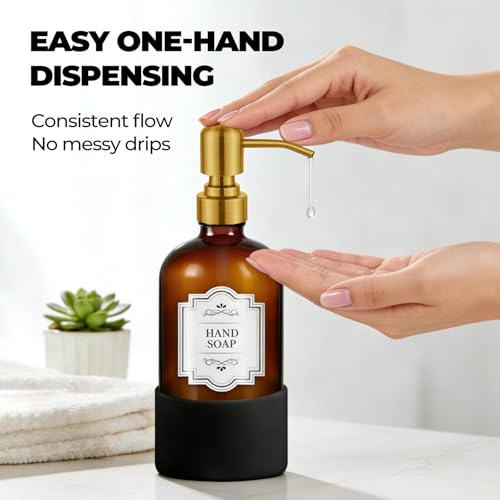 16 oz Hand and Dish Soap Dispenser Set for Kitchen and Bathroom, 500ml Amber Glass Soap Dispenser with Stainless Steel Golden Pump, Non-Slip Silicone Sleeves, Labels - 2 Pack - color: Amber With Golden Pump