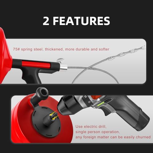 Drain Snake Auger, 50 Feet Flexible Plumbing Snake with 1/4" Drill Adapter, Manual or Drill Powered Drain Cleaner for Kitchen Sink, Bathroom & Shower Drains, Includes Gloves Storage Bag, Orange - color: Orange-50FT