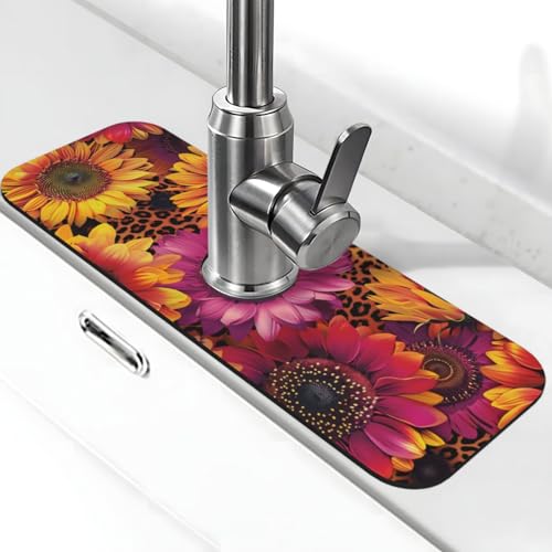 Kitchen Sink Splash Guard Faucet Mat, Sunflowers Leopard Diatom Mud Absorbent Draining Mat For Kitchen Sink Bathroom - color: Sunflowers Leopard, size: One Size