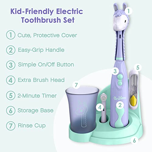 Brusheez Kids’ Electric Toothbrush Set - Safe & Effective for Ages 3+ - Parent Tested & Approved with Gentle Bristles, 2 Brush Heads, Rinse Cup, 2-Minute Timer, & Storage Base (Luna the Llama) - color: Luna the Llama