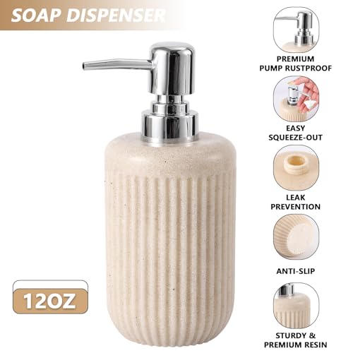 XLHOMO Resin Beige Bathroom Accessories Set 5 Pcs, Lotion Soap Dispenser, Toothbrush Holder, Bathroom Tumbler, Qtip Holder and Vanity Tray, Bathroom Countertop Organizer Set for Modern Home Apartment - color: Beige, size: Resin Bath Set