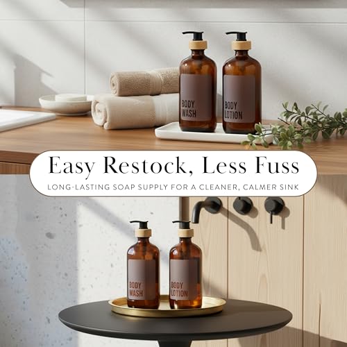 SAVVY & SORTED Amber Glass Body Lotion Dispenser with Pump, Soap Dispenser Bathroom Set, Refillable Glass Lotion Bottle with Label, Matching Soap and Lotion Dispenser Set Available, 17 Fl Oz / 500 ml - color: Amber - Body Lotion 500 Ml
