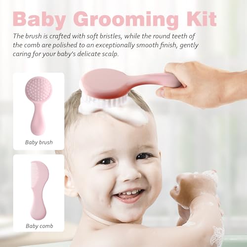 Baby Grooming Kit 6 - Piece Set in Storage Bag(Pink) - Soft Brush, Comb, Nail Clippers, Nasal Aspirator, Safety Scissors & File for Newborn/Toddler Care - color: Pink