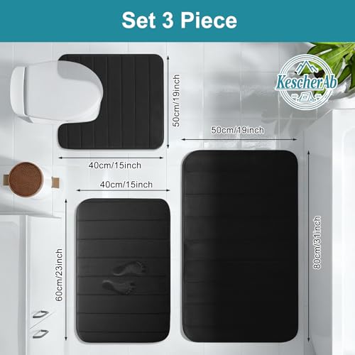 Bathroom Rugs Sets 3 Pieces Thicker Memory Foam Bath Mat with Non Slip Backing, Machine Wash, Dries Quickly, Ultra Soft Black Bath Carpet with Toilet Rug for Bathroom,Kitchen,Tub - color: Black, size: 31" X 19" + 23" X 15" + U19" X 15"