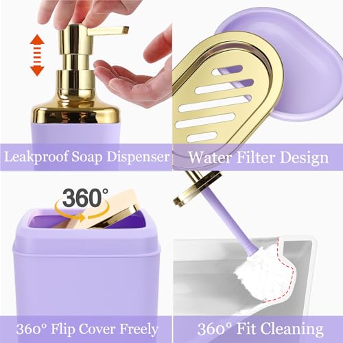XLHOMO Bathroom Set - Purple Bathroom Sets with Shower Curtain and Rugs, 24PCS Shower Curtain Set with Hooks, Soap Dispenser, Soap Dish, Toilet Brush Holder and Trash Can for Housewarming - color: Purple and Gold, size: Bathroom Set+Shower Curtain+Bath Ru