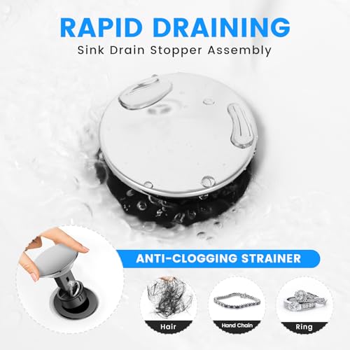 Bathroom Sink Drain with Overflow with Hair Catcher Anti-Clog Sink Strainer | Hurran Bathroom Sink Stopper for 1.65-1.9" Hole, Rapid Draining Plastic Pop-up Drain for Bathroom Vanity Vessel Sink, Chrome - color: Chrome