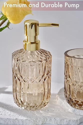 LaMarriti Brown Bathroom Accessories Set, 5Pcs Glass Bathroom Set, Soap Dispenser and Toothbrush Holder Set, Soap Dish, Qtips Holder, Tumbler for Crystal Vintage Bathroom Decor - style: Brown