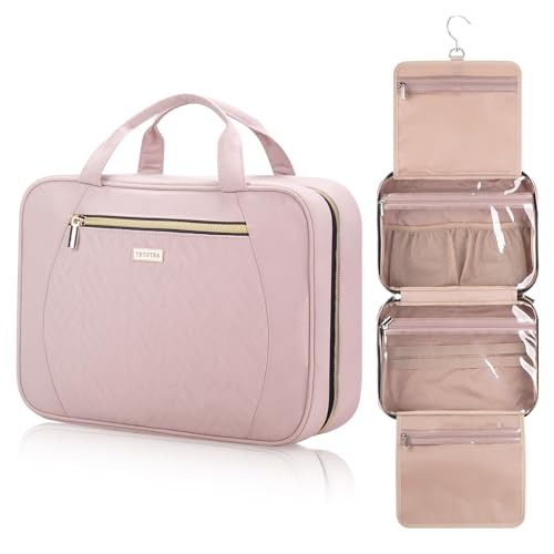 Hanging Toiletry Bag for Women Travel, 2 Sizes Large & Small Waterproof Cosmetic Organizer with 4 Compartments, Rotating Hook, Foldable Pink Travel Bag for Toiletries & Makeup - Large Pink - color: Pink, size: Large