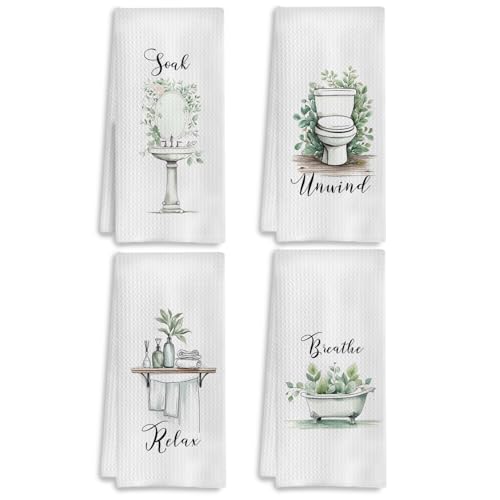 Boho Botanical Bathroom Hand Towels Set of 4, Relax Breathe Soak Unwind Decorative Hand Towels for Gym Yoga Spa Bathroom Decor, 16x24 Inches - color: E