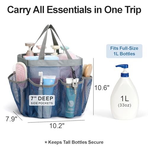 Mesh Shower Caddy Portable - 8 Pockets, S-Hook, Shower Bag for Dorm Camping | 2-Handle, Quick-Dry, Hanging Toiletry Organizer, College Dorm Room Essentials for Girls, Gym, Travel & Bathroom, Navy Blue - color: 1 Pack L Blue, size: L (Classic Dorm Caddy)