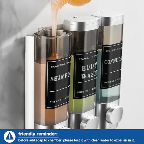 Shower Soap Dispenser Wall Mounted No Drill Shampoo Dispenser for Shower Wall Shampoo and Conditioner Dispenser Bathroom Hotel 3 * 300ml with Waterproof Labels Sliver - color: Silver