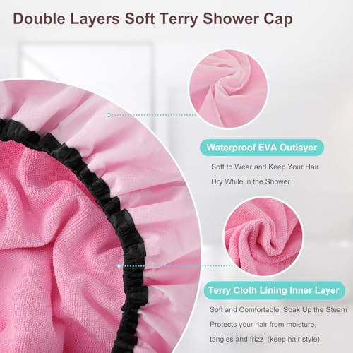 Sheomern 2 Pcs 13.5" Dual Waterproof Design Adjustable Terry Shower Cap for Women and Men, EVA Double Layer Bath Cap Reusable for Braids, Long Hair, Dreadlocks - color: Pink+Purple, size: Large
