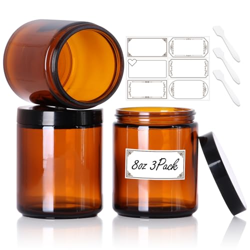 8oz Airtight Glass Jars with Lids, 3 Pack Amber Empty Small Cosmetic jars | Small Cosmetic Containers with Inner Liners, Leak-Proof Travel Jars for Lotions, Scrubs, and Candle Making, Labels & Spatulas - color: Amber-8oz-3pcs