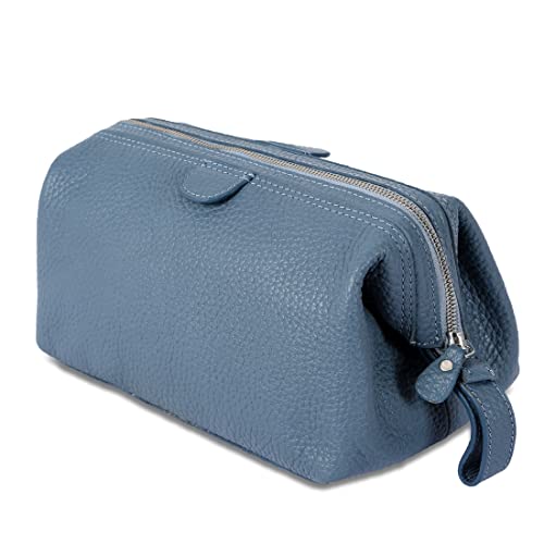 KomalC Premium Buffalo Leather Toiletry Bag for Men & Women With Water resistant Lining, Grooming Travel Pouch, Unisex Wash Bag for Toiletries, Gifts for Men and Women - color: Blue