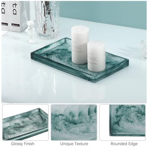 Emibele Bathroom Vanity Tray Countertop, 10" Rectangular Marble Resin Tray | Dresser Kitchen Sink Tray, for Jewelry Cosmetic Perfume Soap Candle, Lightweight Waterproof Tray, Medium, Ink Green - color: Ink Blue, size: 10" x 6.1" x 0.8"
