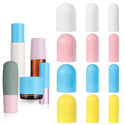 JJUNW 12 Pack Silicone Bottle Covers for Travel, Traveling Toiletries Essentials Bottle Caps Elastic Sleeves for Leak Proofing,Travel Essential for Women Men