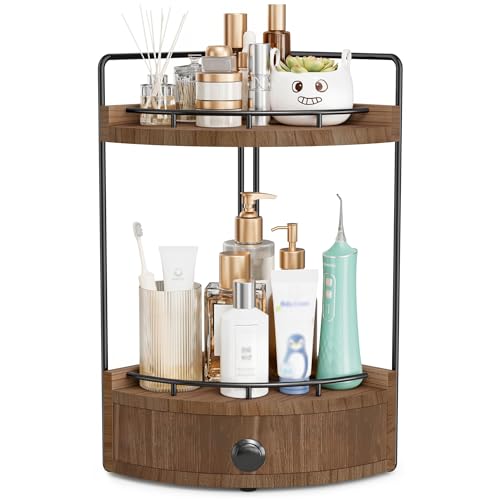 2-Tier Corner Bathroom Counter Organizer with Drawer & Embedded Screw Holes - Wooden Countertop Organizers for Skincare, Makeup Storage, Bathroom Sink Counter Shelf for Vanity, Dark Brown - color: Dark Brown