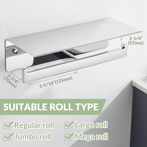 APLusee Double Toilet Paper Holder with Phone Shelf, 304 Stainless Steel Bathroom Tissue Hanger, Wall Mounted Dual Roll Paper Dispenser, Polished Chrome - color: Polished Chrome, size: Double Rod