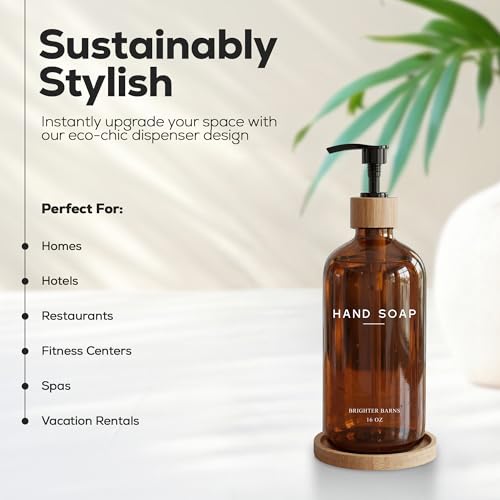 Amber Glass Hand Soap Dispenser Bathroom Set by Brighter Barns - Hand Soap Dispenser for Kitchen Sink & Bathroom - Bamboo Glass Bottle with Tray - Modern Home Decor for Spa, RV, Fitness Center (Amber) - color: Amber H