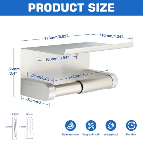 Alise Toilet Paper Holder,Double Post Paper Holder SUS304 Stainless Steel Toilet Paper Roll Holder with Shelf Spring Loaded Tissue Holder (Adhesive or Screw),Brushed Nickel - color: Brushed Nickel, size: with Shelf