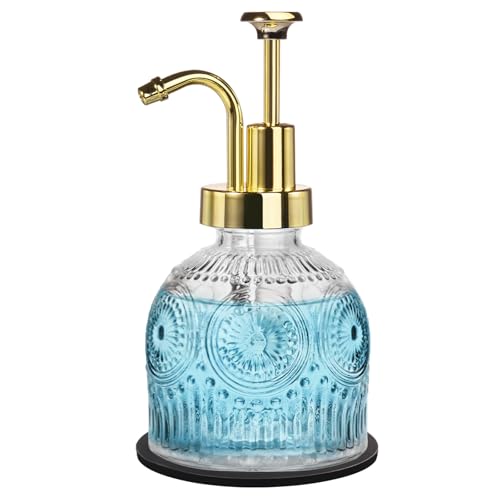 SheeChung 8 Oz Vintage Glass Soap Dispenser Bathroom, Kitchen Dish Soap Dispenser with Pump, Refillable Hand Soap Dispenser, Antique Liquid Lotion Bottle, Farmhouse Decor (Clear-Gold Pump, 1 Pack) - color: Clear-gold Pump-1 Pack