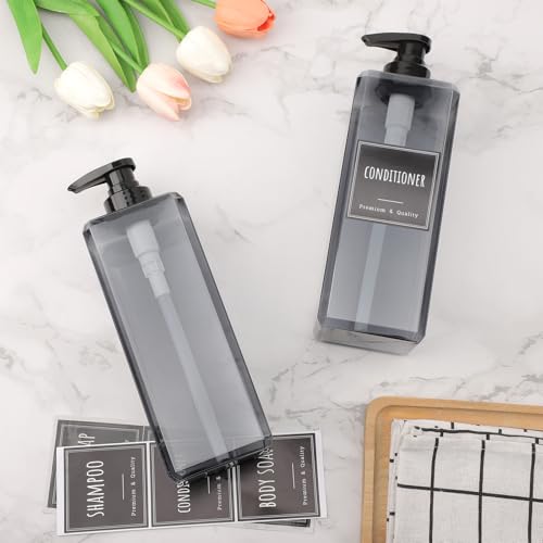 Segbeauty 33.8oz Shampoo and Conditioner Dispenser with Labels, 2pcs Refillable Plastic Empty Lotion Soap Dispenser Liquid Container for Bathroom, 1000ml Gray Large Pump Bottle, Sqaure Lotion Bottles - color: Gray, style: 2pcs