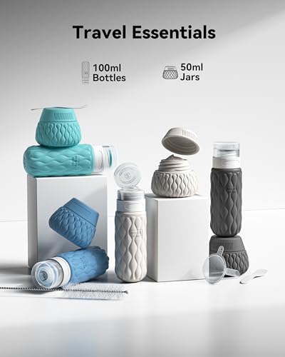 Silicone Travel Bottles for Toiletries 8 Pack Travel Size Toiletries 3.4 oz 1.7 oz, Leakproof Squeeze Travel Size Containers Refillable Cosmetic Jars Set for Shampoo, Conditioner, Creams - color: Blue Grey-3.4oz/1.7oz