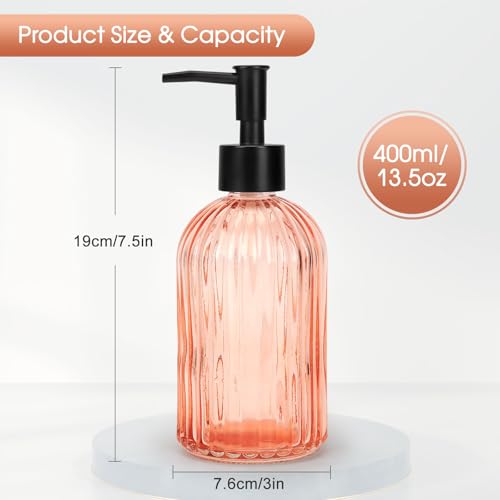 Topsky 2 Pack Glass Soap Dispenser with Black Plastic Pump, 400ml Liquid Hand Soap Dispenser, Rustproof Pump for Kitchen & Bathroom, Great for Lotions, Essential Oil, Liquid Soaps-Pinkish Orange - color: Stripe-pinkish Orange, size: Plastic Pump