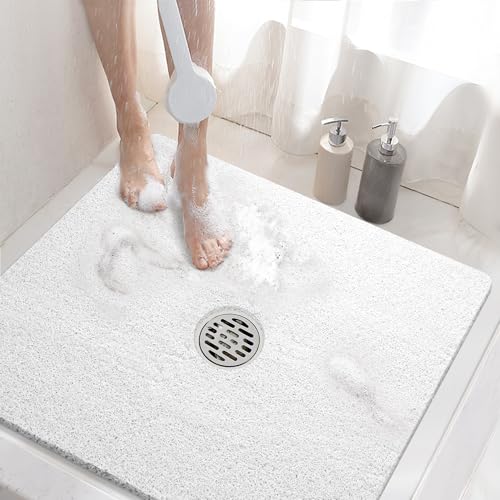 HITSLAM Square Shower Mat, 24 x 24 Inch Non Slip Bath Mat for Tub, Soft PVC Loofah Bathtub Mats with Drain Holes, Quick Drying Bathroom Stall Floor Mat, Bathroom Accessories Without Suction Cup, White - color: White, size: 24" x 24" (Square)