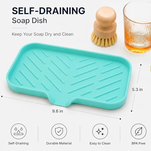 MicoYang Silicone Soap Dish with Drain Spout — Self-Draining Sink Organizer Tray for Bathroom & Kitchen, Sponges, Dispensers & Soap Holder, Non-Slip & Dishwasher Safe, Mint (Medium, 9.6"×5.3") - color: Mint, size: M(9.6"×5.3")
