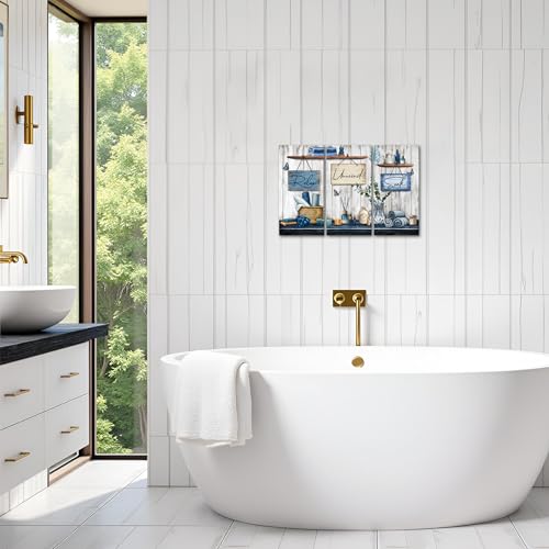 sechars Bathroom Wall Art Relax Unwind Soak Signs Canvas Prints Blue Spa Decor, 8x16 Inches Each, Framed (Blue) - color: Blue