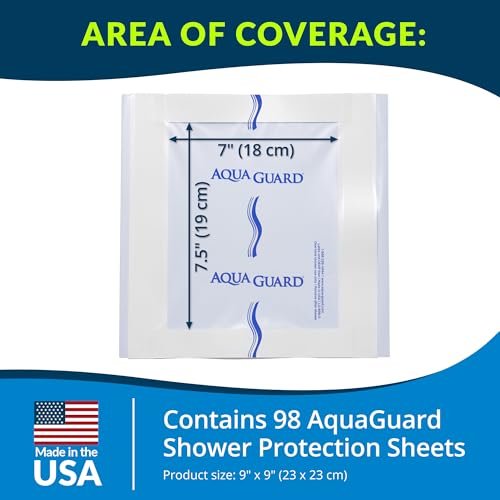 TIDI 50015-CSE AquaGuard Sheet – 9” x 9” – (Area of Coverage: 7” x 7.5”) – Shower Protection Sheet – Self-Adhesive Moisture Barrier – Wound Cover for Showering – 98 Sheets – Home Medical Supplies - size: 9" x 9", style: Case of 98 Sheets