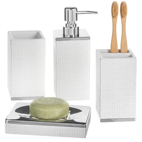 Creative Scents Estella White 4 Piece Resin Bathroom Accessories Set | Includes Soap Dispenser, Toothbrush Holder, Tumbler Cup & Soap Dish - style: 4 Piece Set