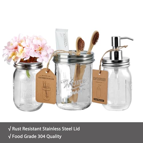 SheeChung Mason Jar Toothbrush Holders, Glass Toothbrush Holders for Bathroom, Bathroom Essentials, Mason Jar Bathroom Accessories Set, Bathroom Countertop Organizer-Brushed Steel - color: Brushed Steel