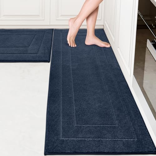 PURRUGS Machine Washable Kitchen Rug Set [2 PCS] (24" x 35.5"+ 24" x 59"), Non-Slip/Skid Kitchen Runner Rugs & Floor Mats, Super Absorbent Soft Standing Mats for Kitchen, Laundry & Sink, Navy Blue - color: Navy Blue, size: 24" X 35.5"+ 24" X 59"