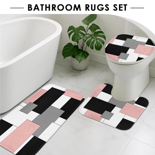 Pink Geometric Shower Curtain Set with Toilet Lid Cover and Non-Slip Rugs for Bathroom, Grey Black White Checkered 4 Pcs Shower Curtain, Abstract Modern Bathroom Set with 12 Hooks - color: Abstract Geometric Pink