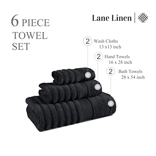 LANE LINEN Zero Twist Cotton Bath Towels - 6 Piece Set - Super Soft, Hotel Quality - 2 Bath, 2 Washcloth, 2 Hand Towels for Bathroom - Classy Look, Gentle on Skin, Ideal for Spa & Daily Use - Black - color: 04: Black, size: 6 Piece Towel Set