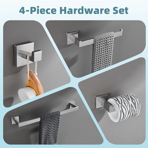 Bathroom Hardware Set 4-Piece, Angle Simple SUS304 Stainless Steel Bath Accessory Kit, Bathroom Fixture Set with Robe Hook, Toilet Paper Holder, Towel Holder and Towel Bar Brushed Nickel - color: Brushed Nickel