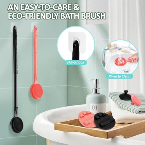 Silicone Back/Face Scrubber & Soft Bath Glove 3PCS, 16''- 24'' Extendable Shower Back Scrubber, 360° Anti-Slip & Hand-fit Silicone Bath Glove, Manual Face Brush for All-Round Cleaning(Pink) - color: Pink*3