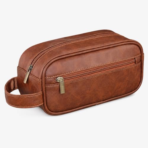 Men's Toiletry Bag, Vintage PU Leather Travel Shaving Case, 9.1" Lightweight Toiletries Organizer Pouch, Premium Grooming Gift for Husband Dad, Khaki (Khaki) - color: Khaki